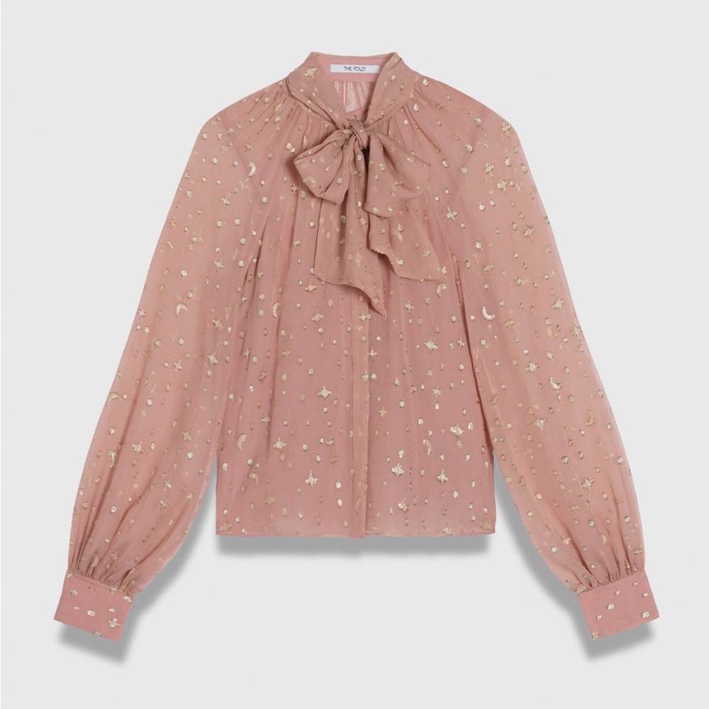 The Fold London Lusia Fil Coupe Blouse Mauve Pink Gold Metallic Moon Stars M NWT